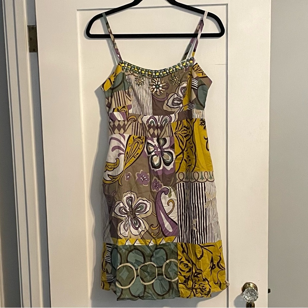 CABI WOMEN’S MULTI PRINT BEADED STRAP SPRING SUMMER POCKET DRESS